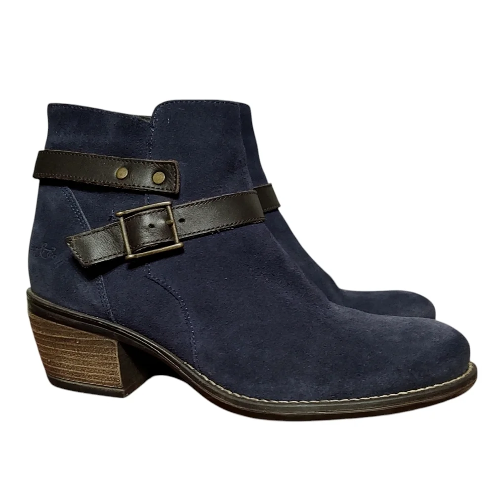 Women's Navy Suede Leather Ankle Boots with Brown Strap